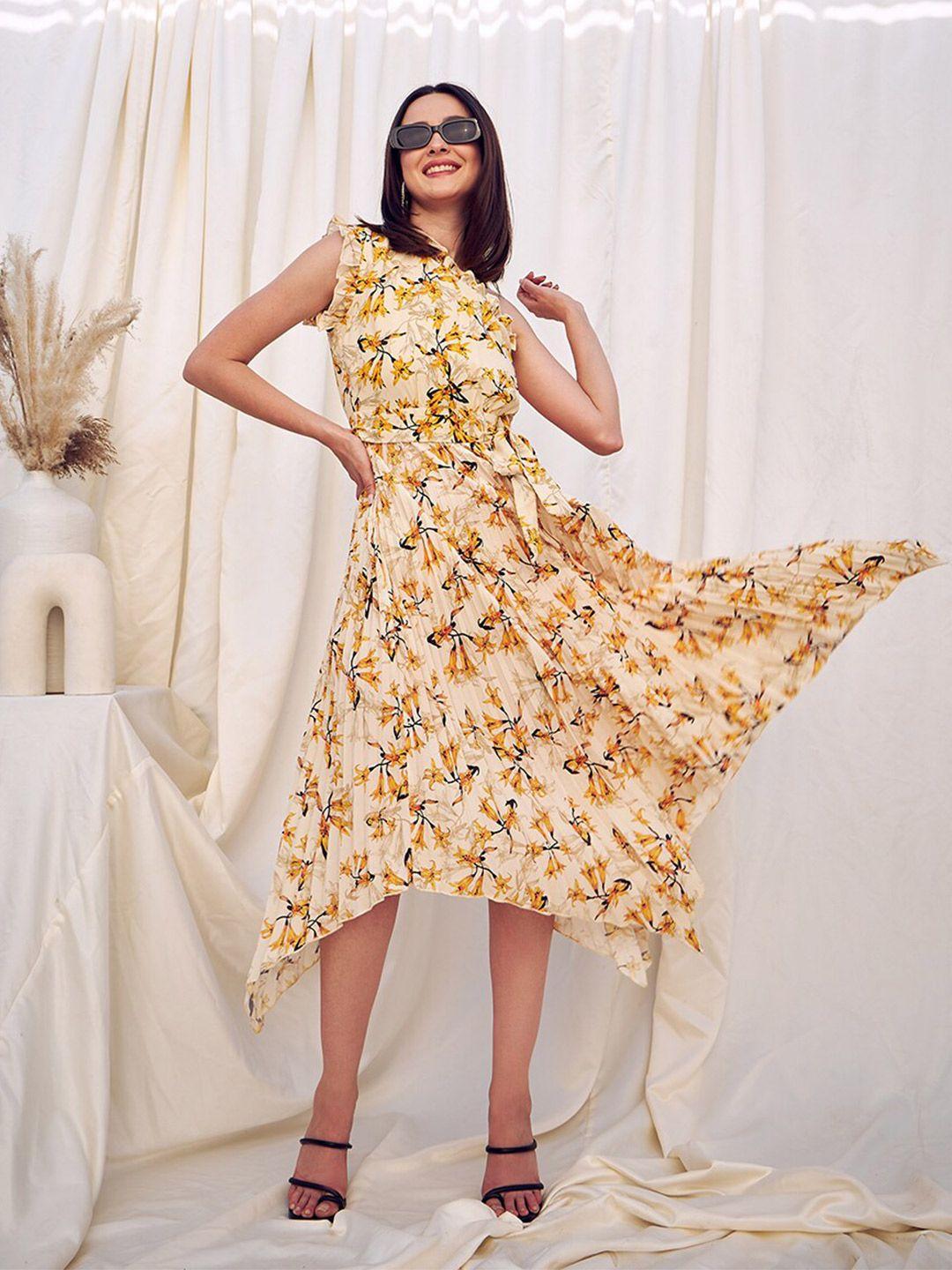 kassually yellow floral print georgette fit & flare dress