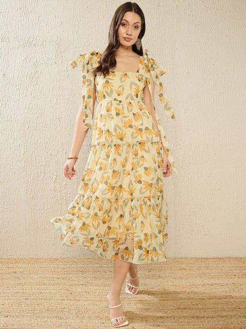 kassually yellow floral print midi dress