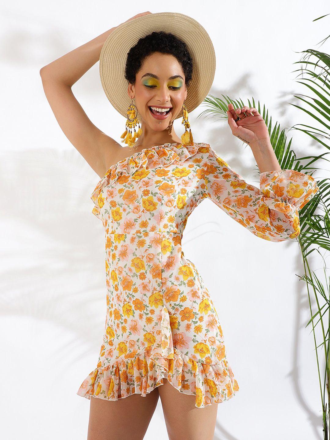 kassually yellow floral printed one shoulder mini dress