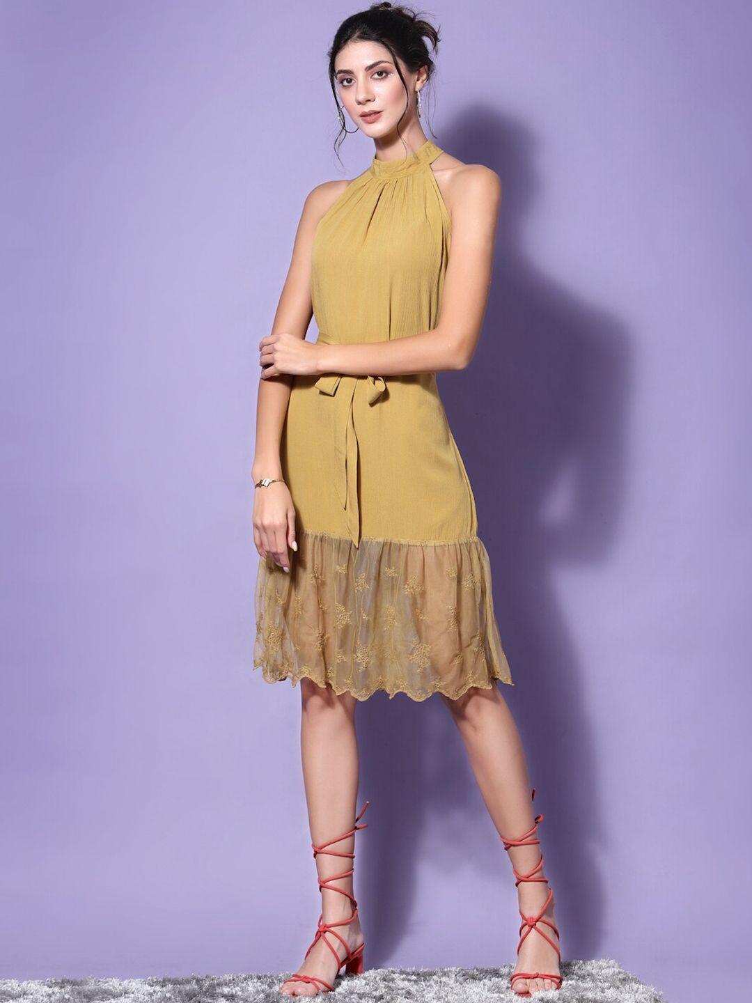 kassually yellow halter neck a-line dress