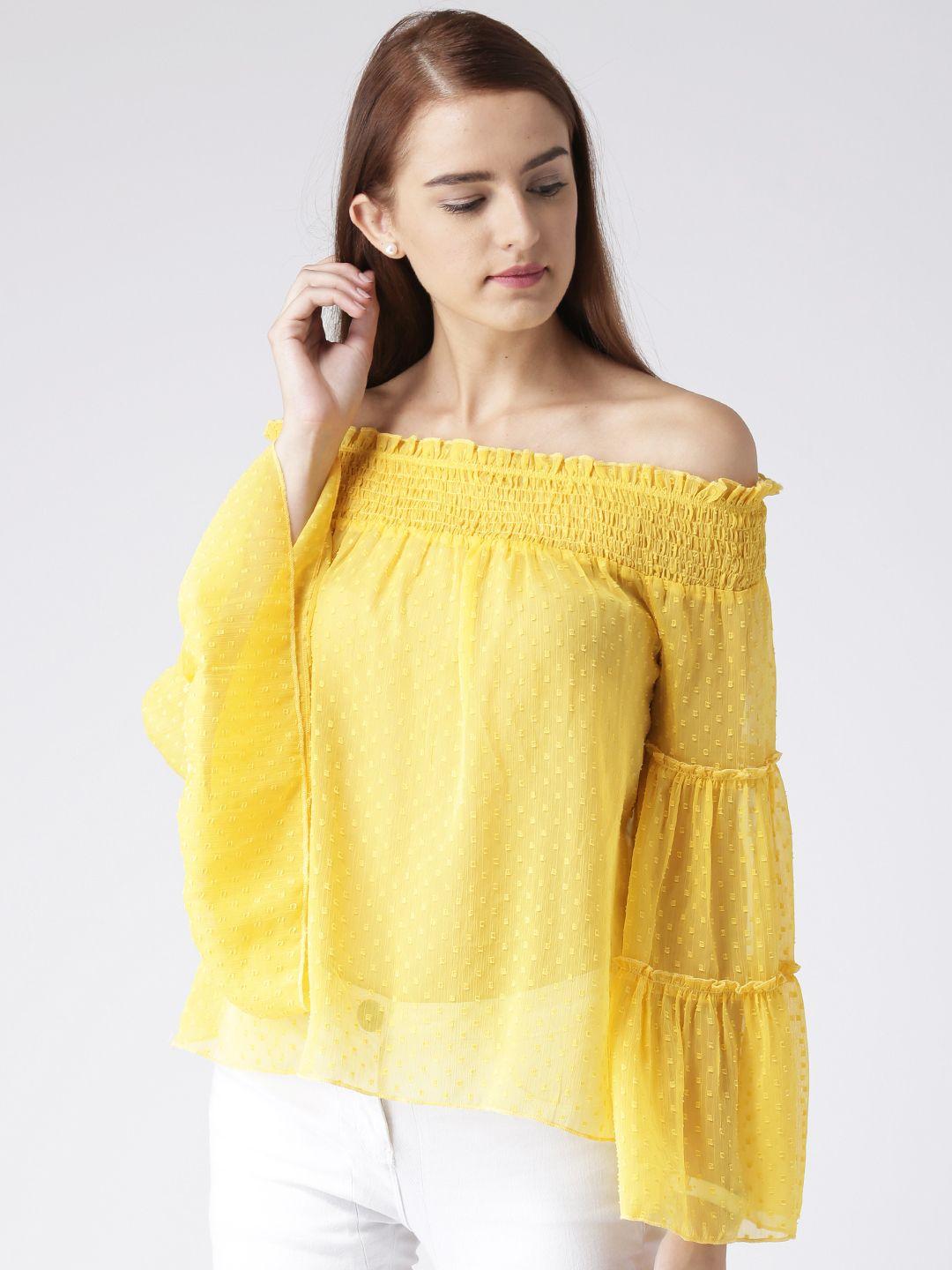 kassually yellow off-shoulder ruffles smocked bardot top