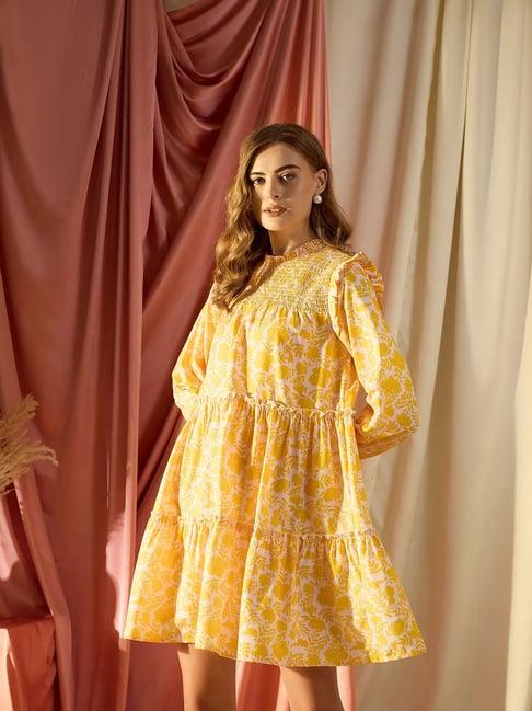 kassually yellow printed tiered a line dress
