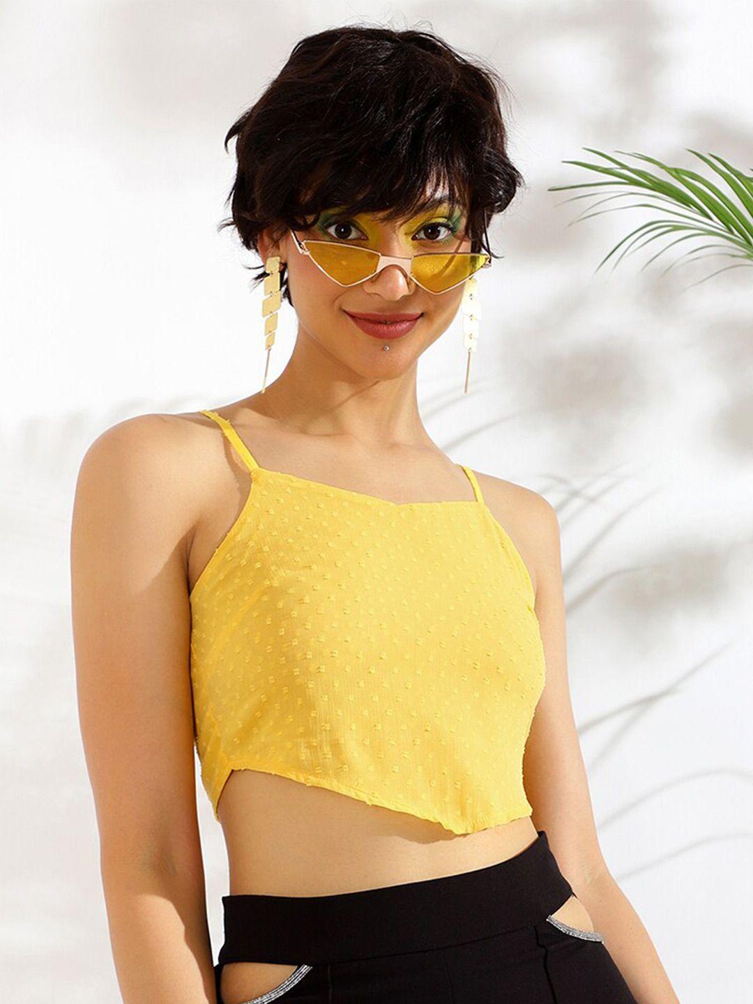 kassually yellow self design fitted crop top