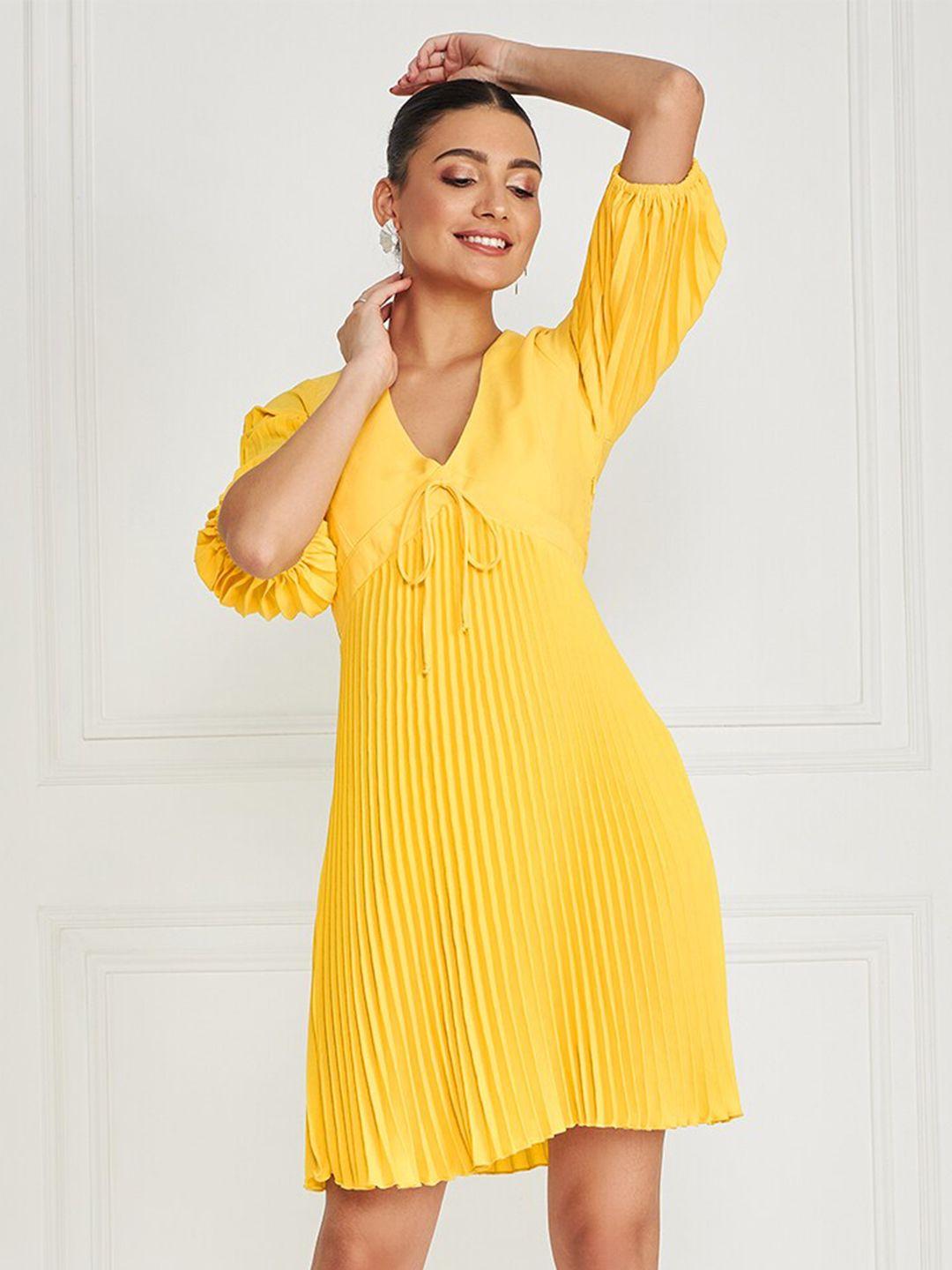 kassually yellow v-neck a-line dress