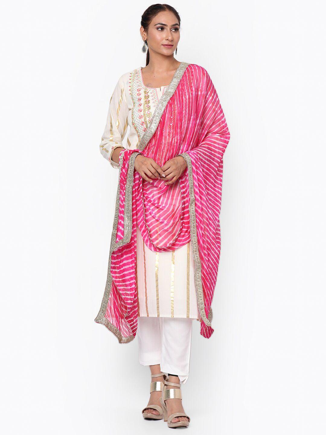 kastiel women pink & off white dyed leheriya dupatta