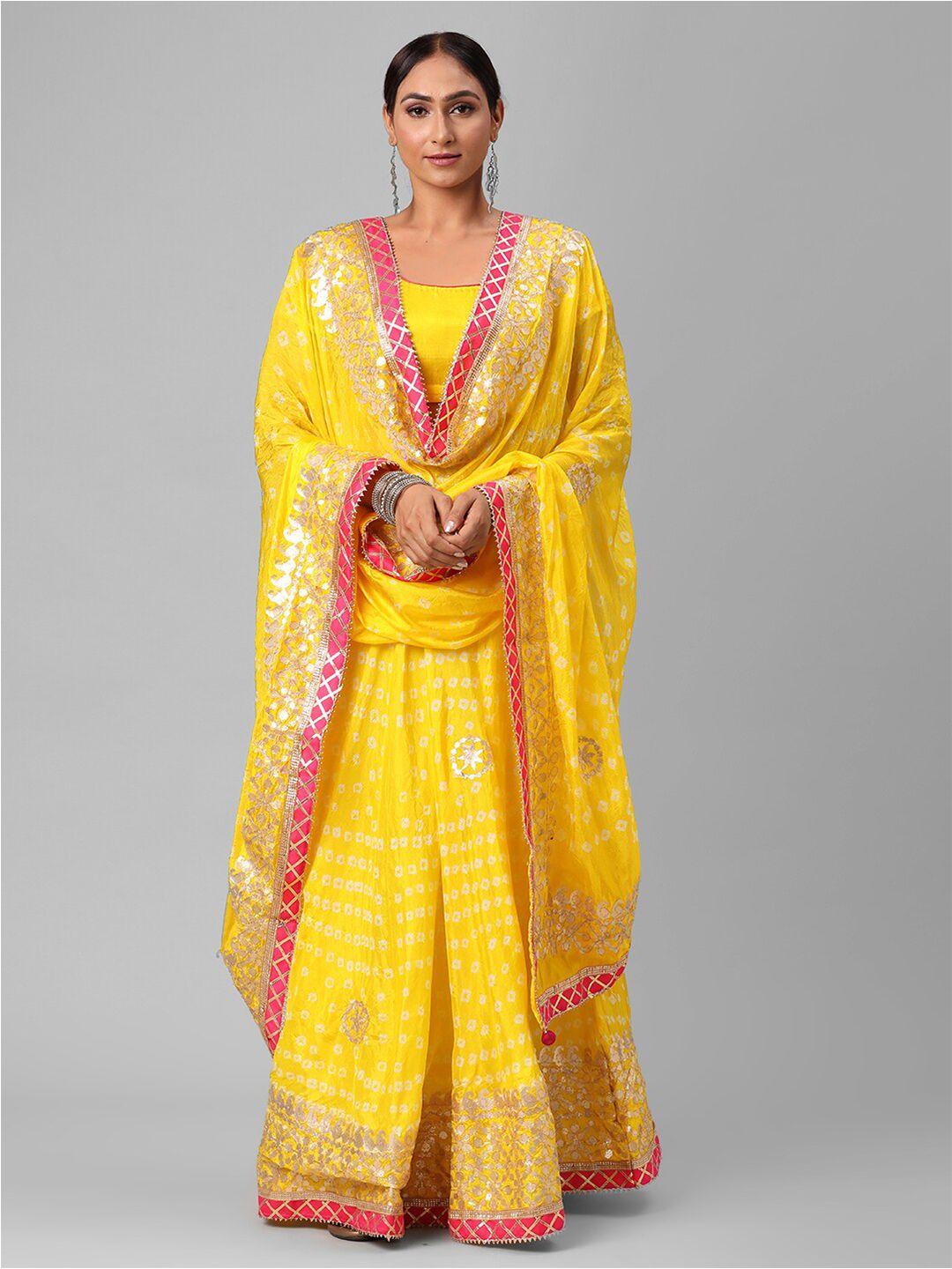 kastiel yellow & pink embellished semi-stitched lehenga & unstitched blouse with dupatta
