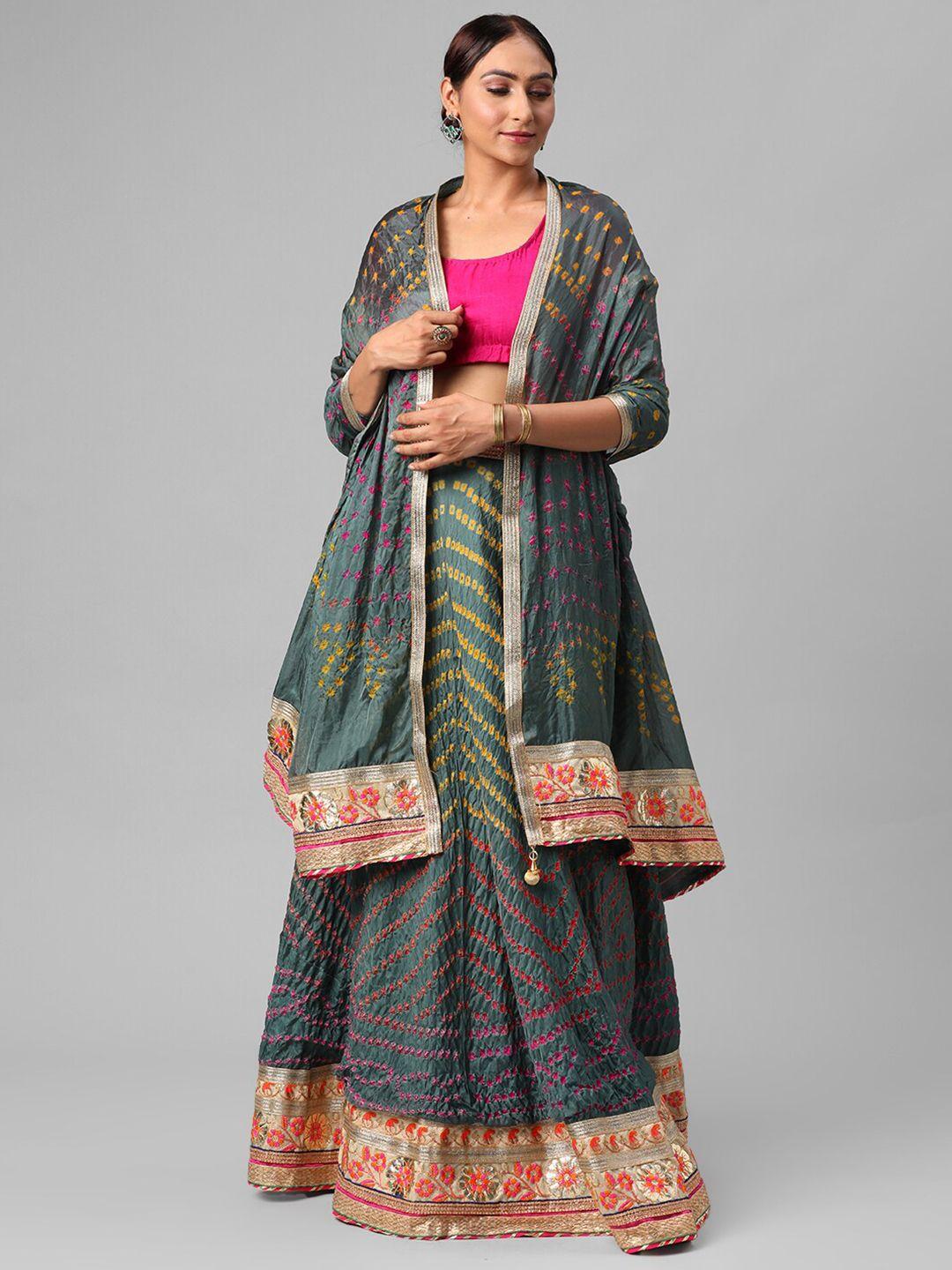 kastiel grey & pink embellished semi-stitched lehenga & unstitched blouse with dupatta