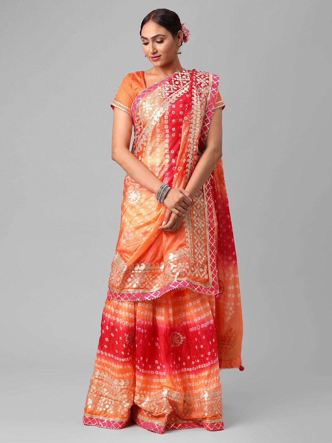 kastiel orange & red embellished semi-stitched lehenga & unstitched blouse with dupatta