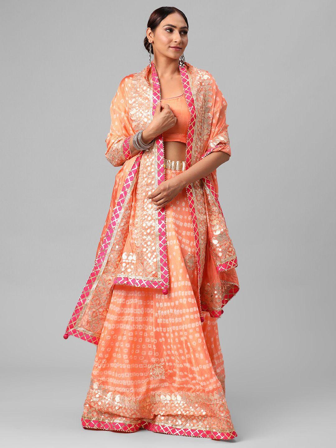 kastiel peach-coloured & white embellished semi-stitched lehenga & unstitched blouse with dupatta