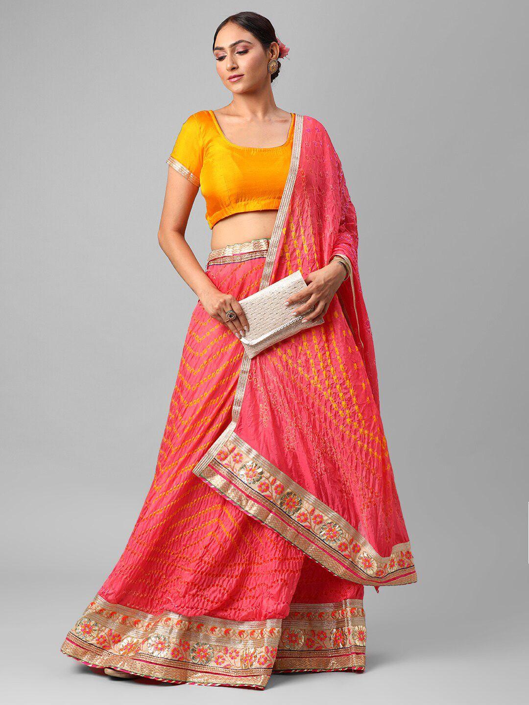 kastiel peach-coloured & yellow embellished semi-stitched lehenga & unstitched blouse with dupatta