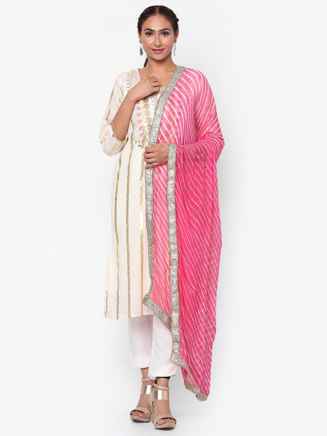 kastiel pink & white striped leheriya with embellished lace dupatta