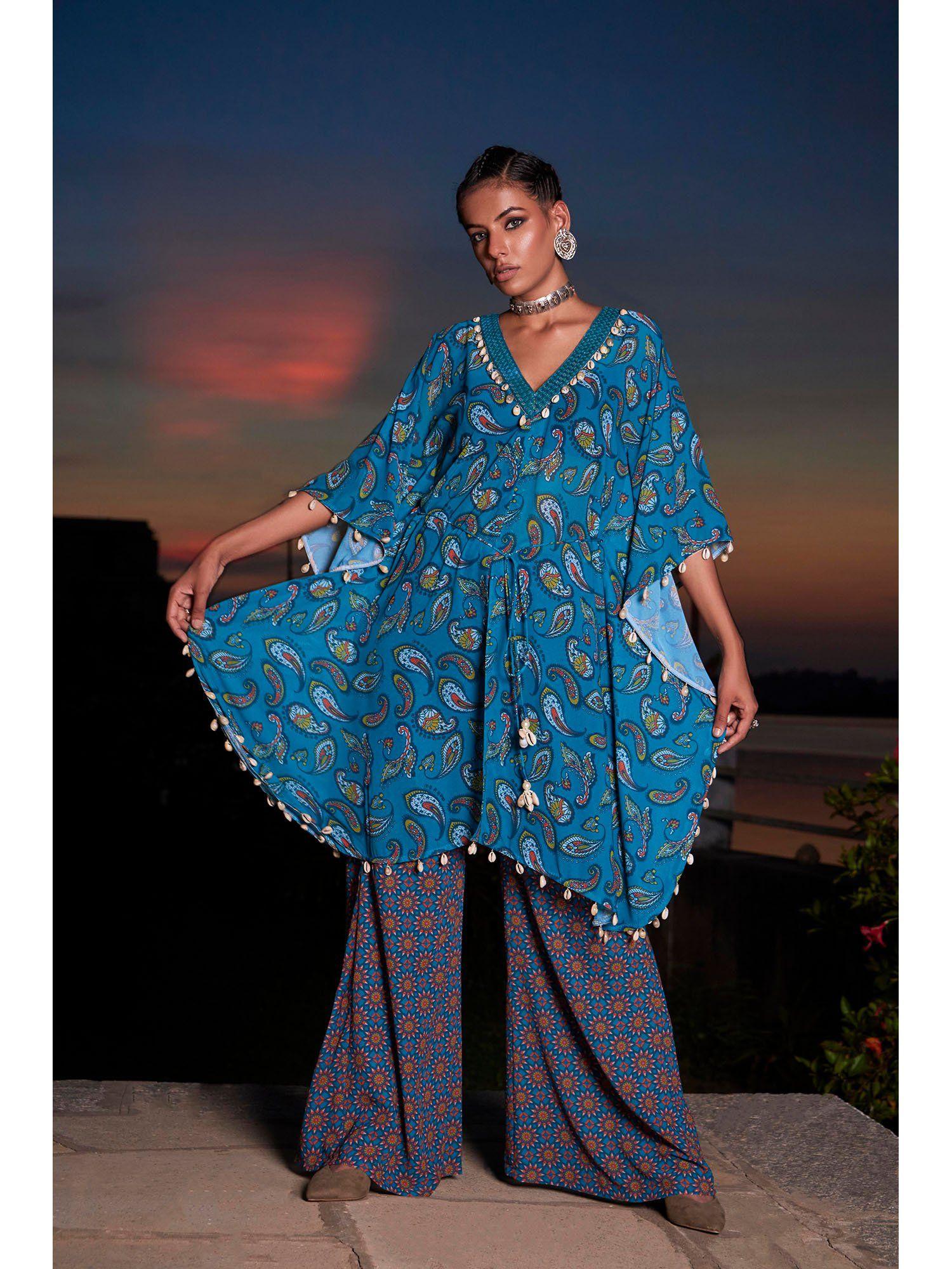 kasturi kaftan and palazzo - teal blue (set of 2)