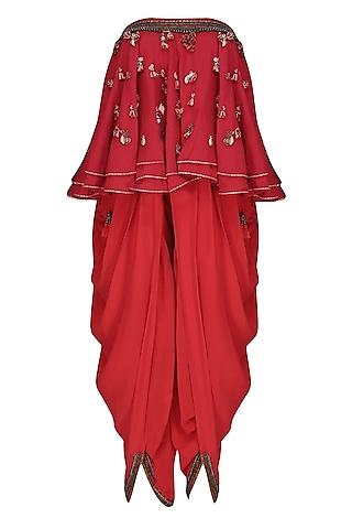 kasum red embroidered tube kali top with cowl dhoti pants