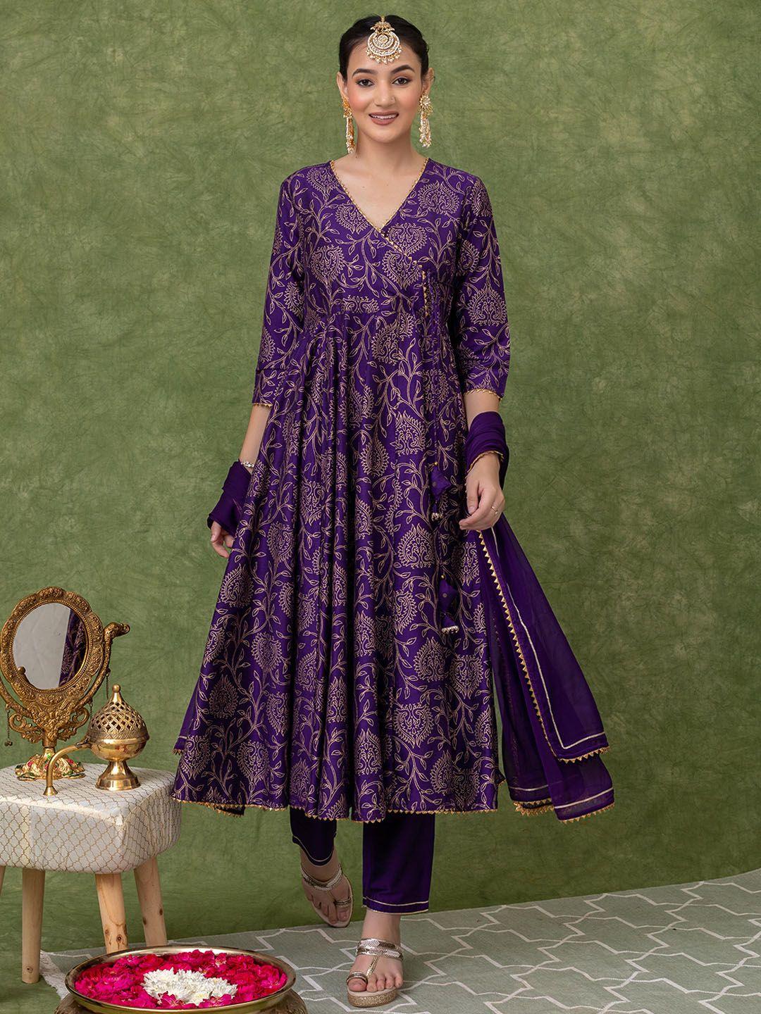 kasya women purple floral printed angrakha gotta patti kurta with trousers & with dupatta