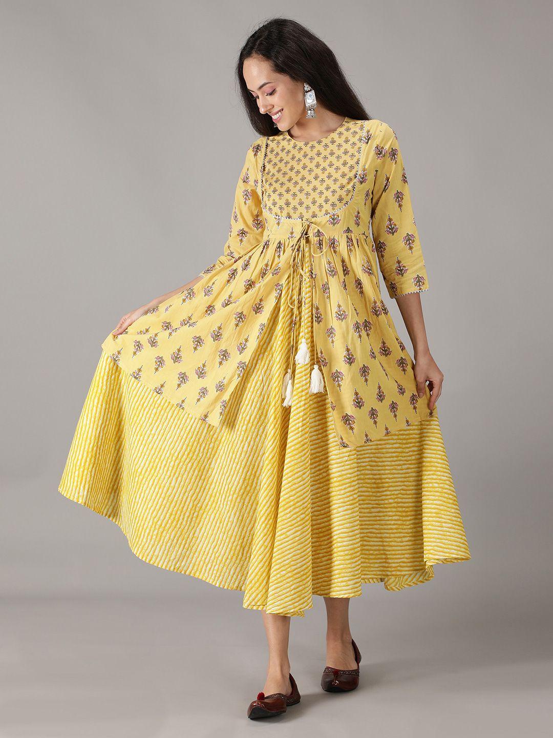 kasya yellow ethnic motifs print a-line midi dress