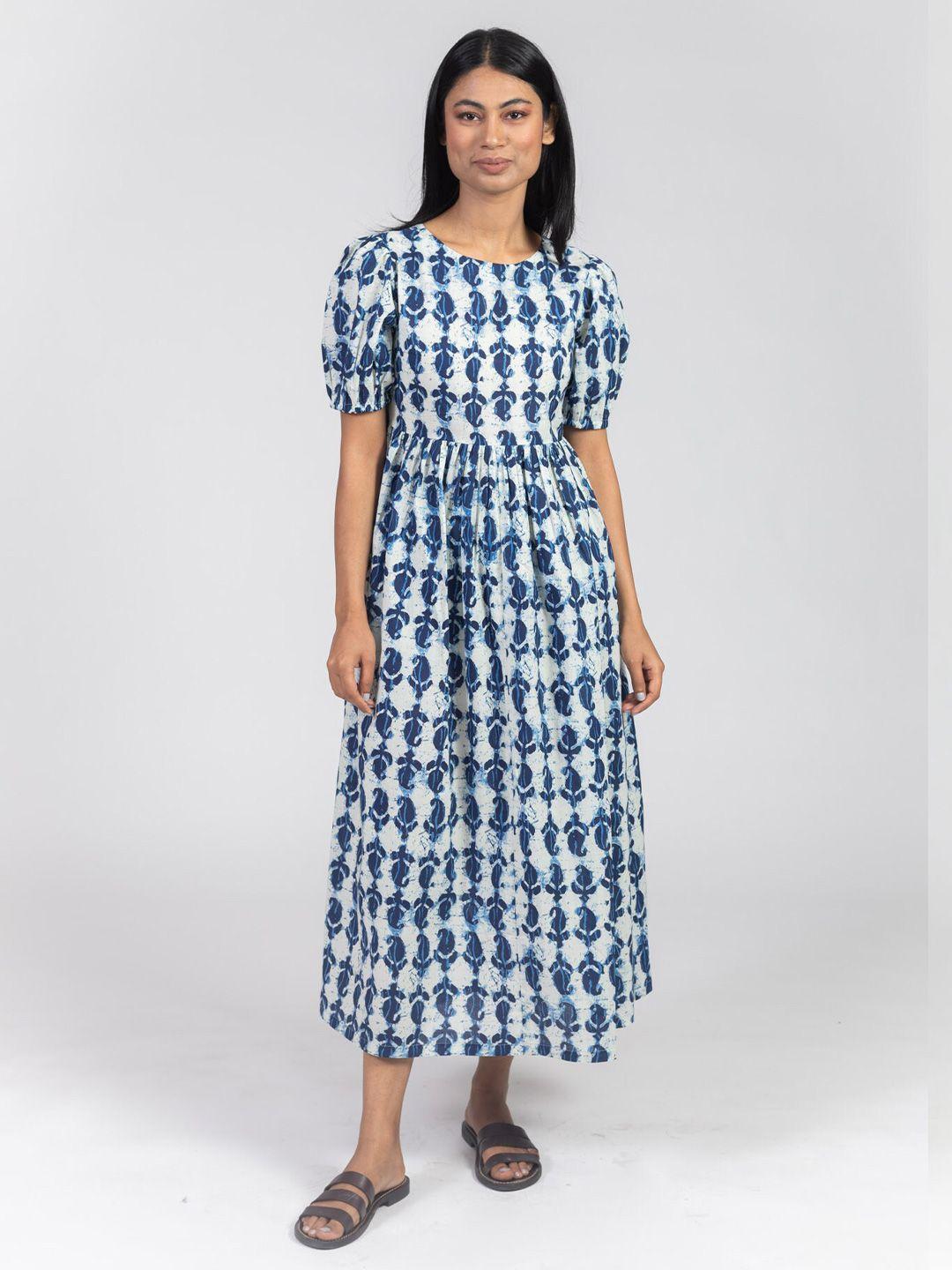 kasya blue ethnic motifs print empire midi dress