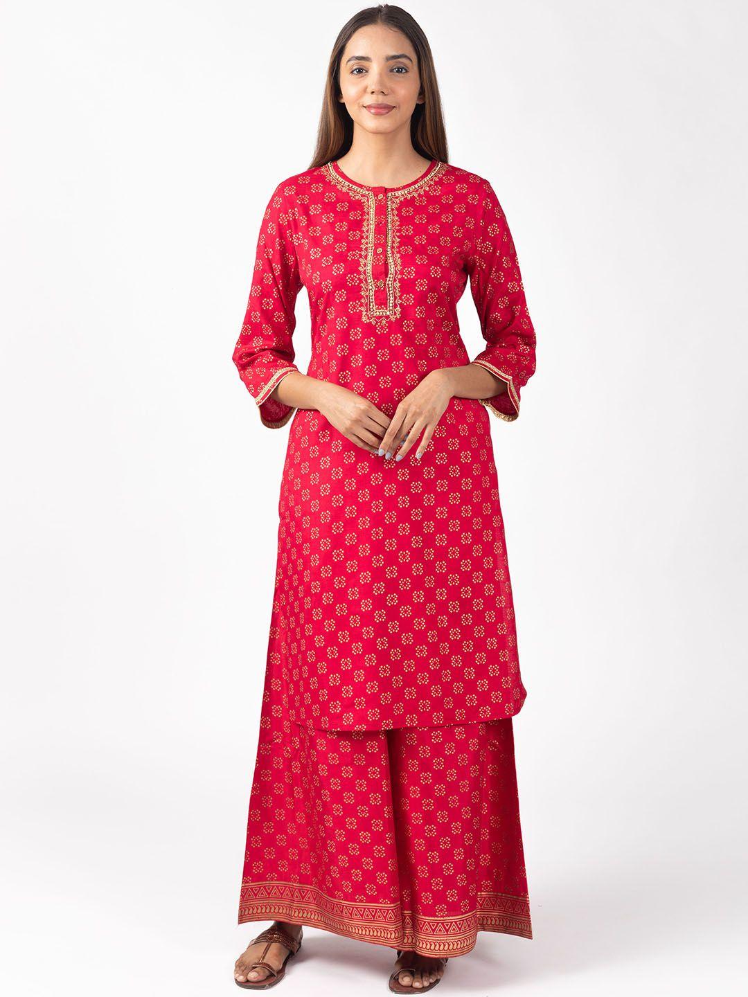 kasya ethnic motifs printed beads & stones straight kurta with palazzos