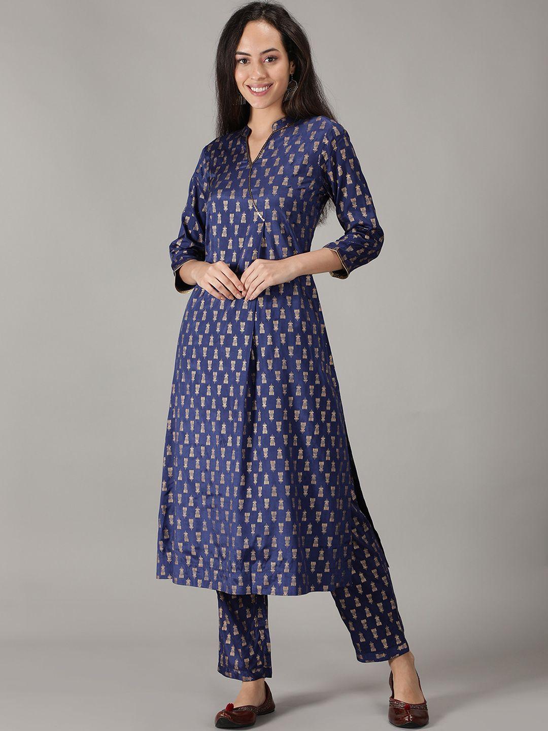 kasya ethnic motifs printed mandarin collar a-line kurta with trousers