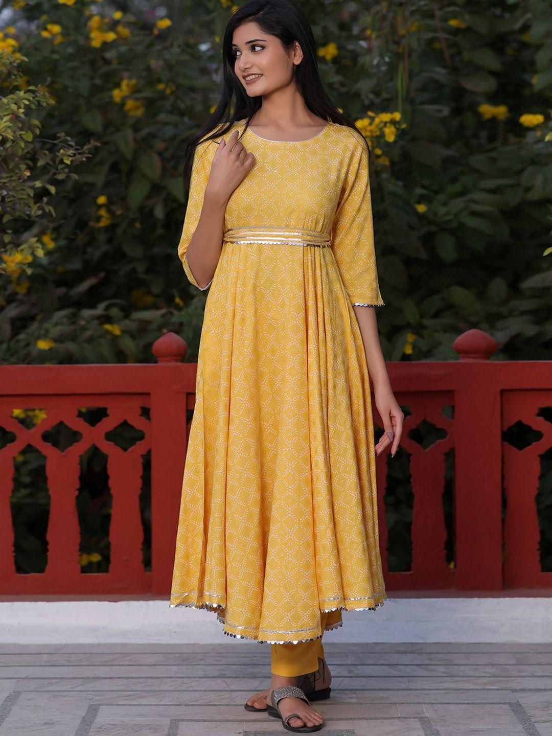 kasya ethnic motifs printed round neck anarkali kurta with trousers with belt