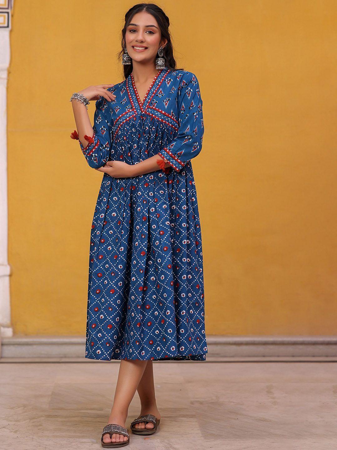 kasya ethnic motifs printed v-neck cotton a-line ethnic dress
