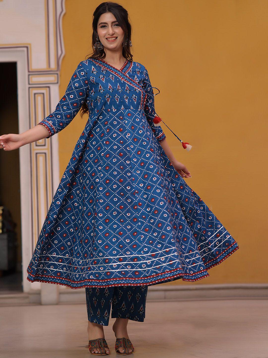 kasya ethnic motifs printed v-neck pure cotton anarkali angrakha kurta with trousers