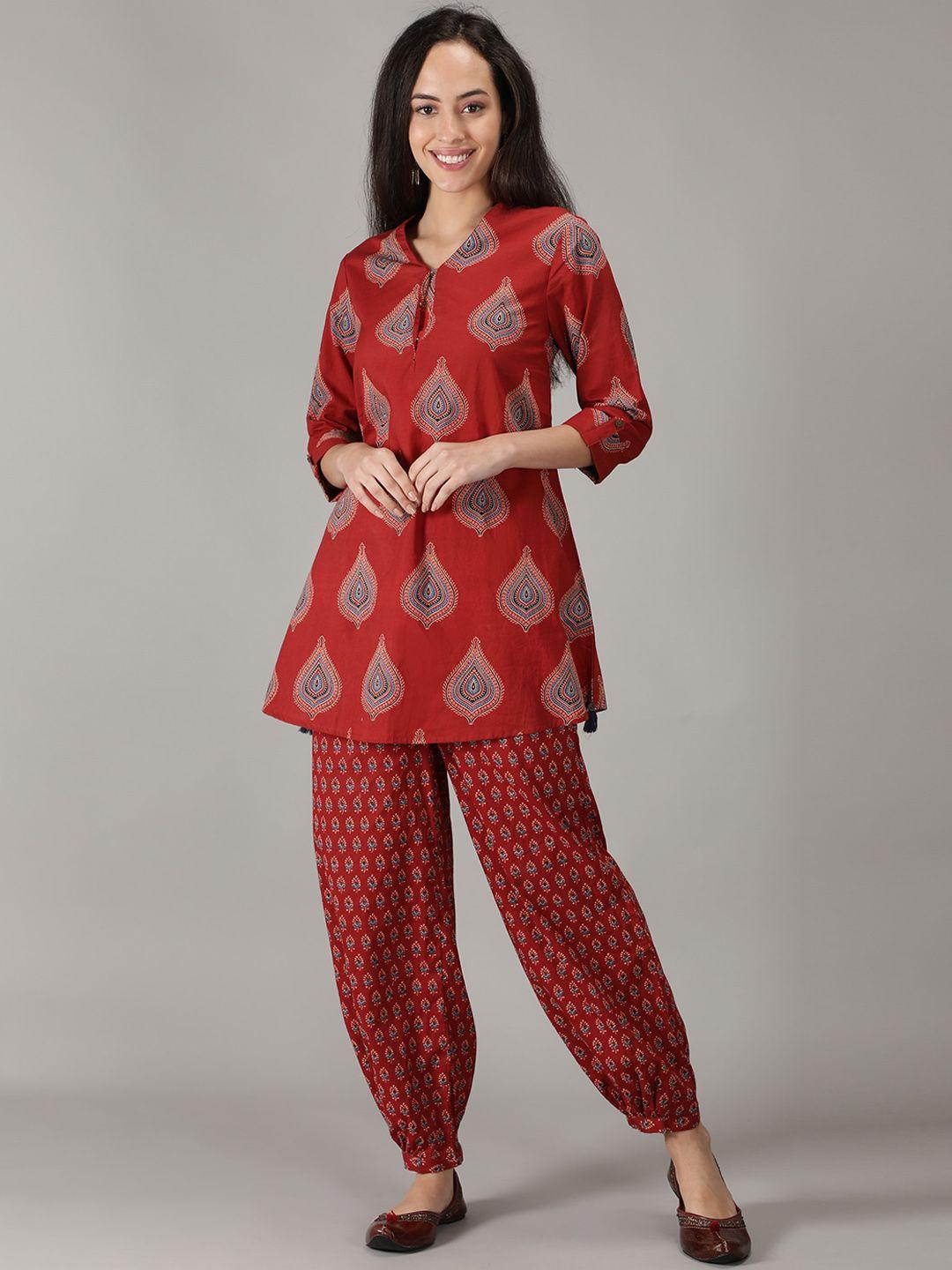 kasya ethnic motifs printed v-neck roll up sleeves pure cotton a-line kurti with salwar