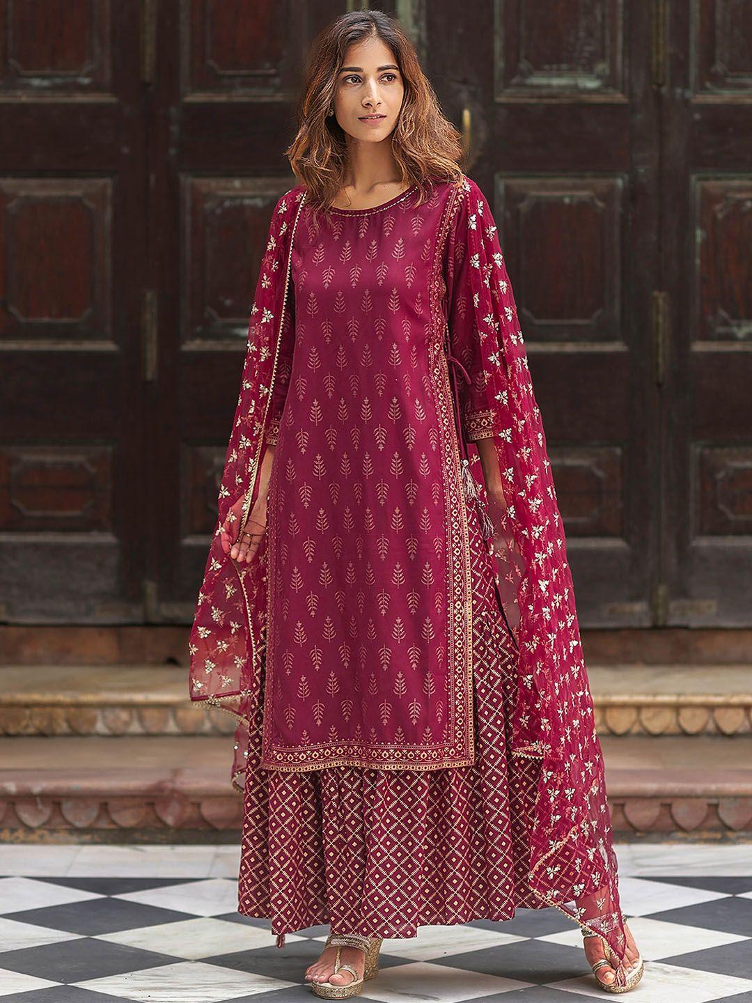 kasya ethnic printed straight kurta with sharara & dupatta