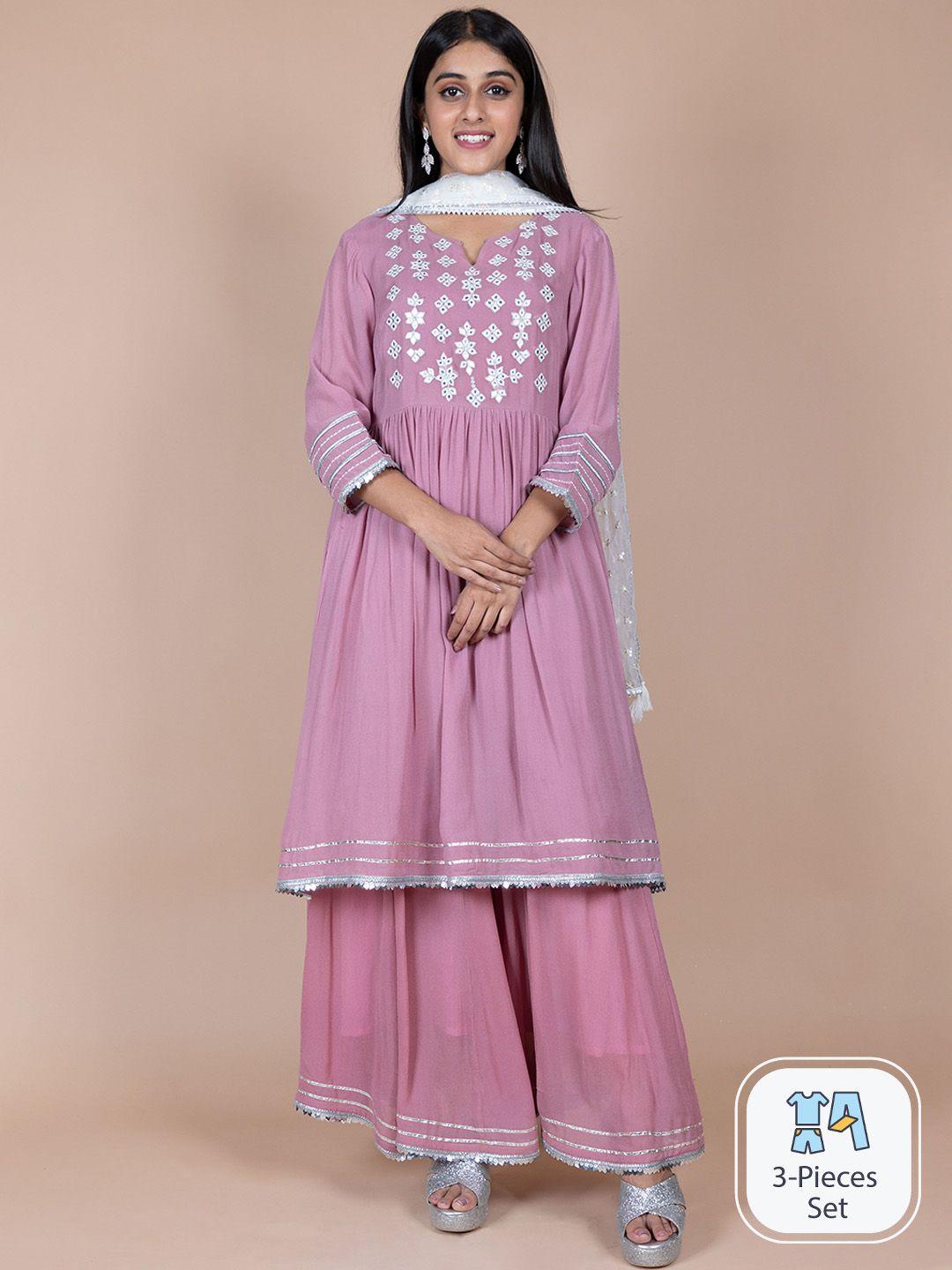 kasya floral embroidered regular kurta with sharara & dupatta