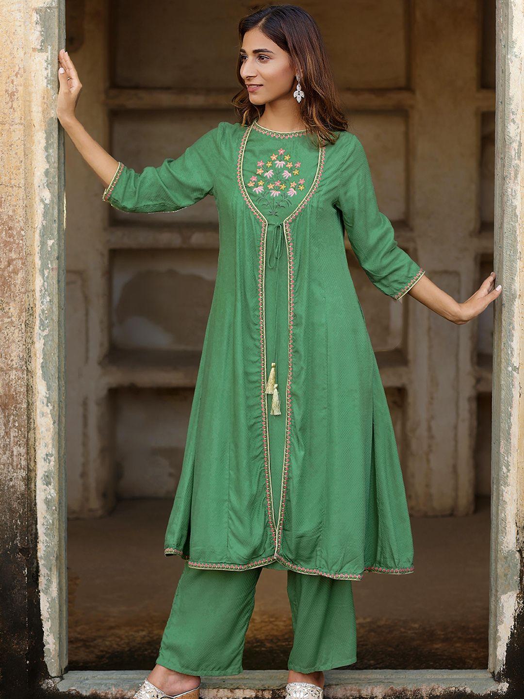 kasya floral embroidered round neck a-line kurta with palazzos