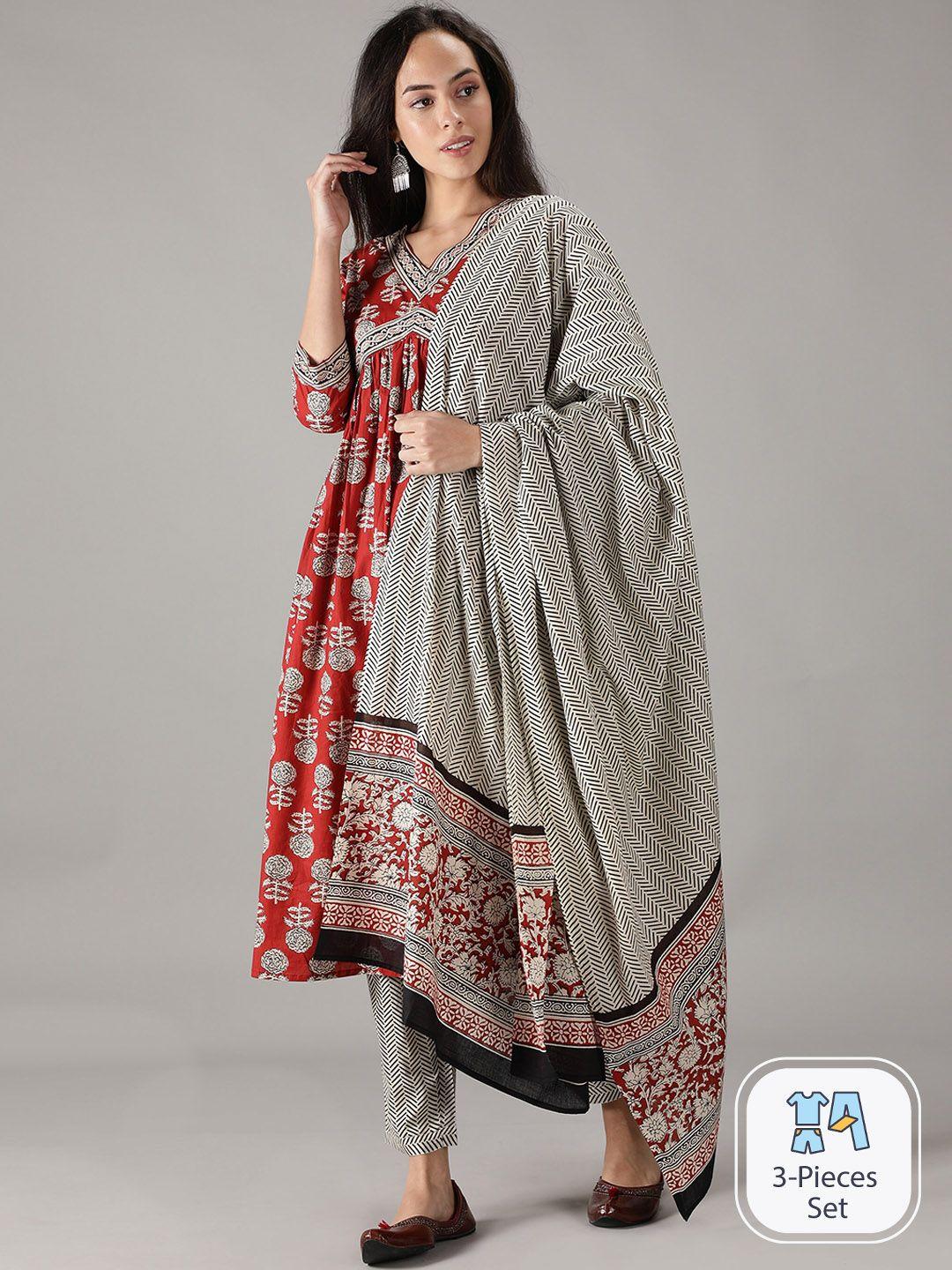 kasya floral printed pure cotton a-line kurta with trousers & dupatta