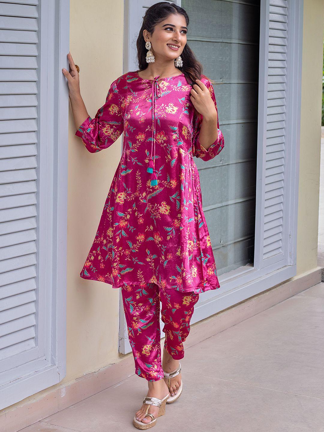 kasya floral printed tie-up neck a-line kurta with trouser