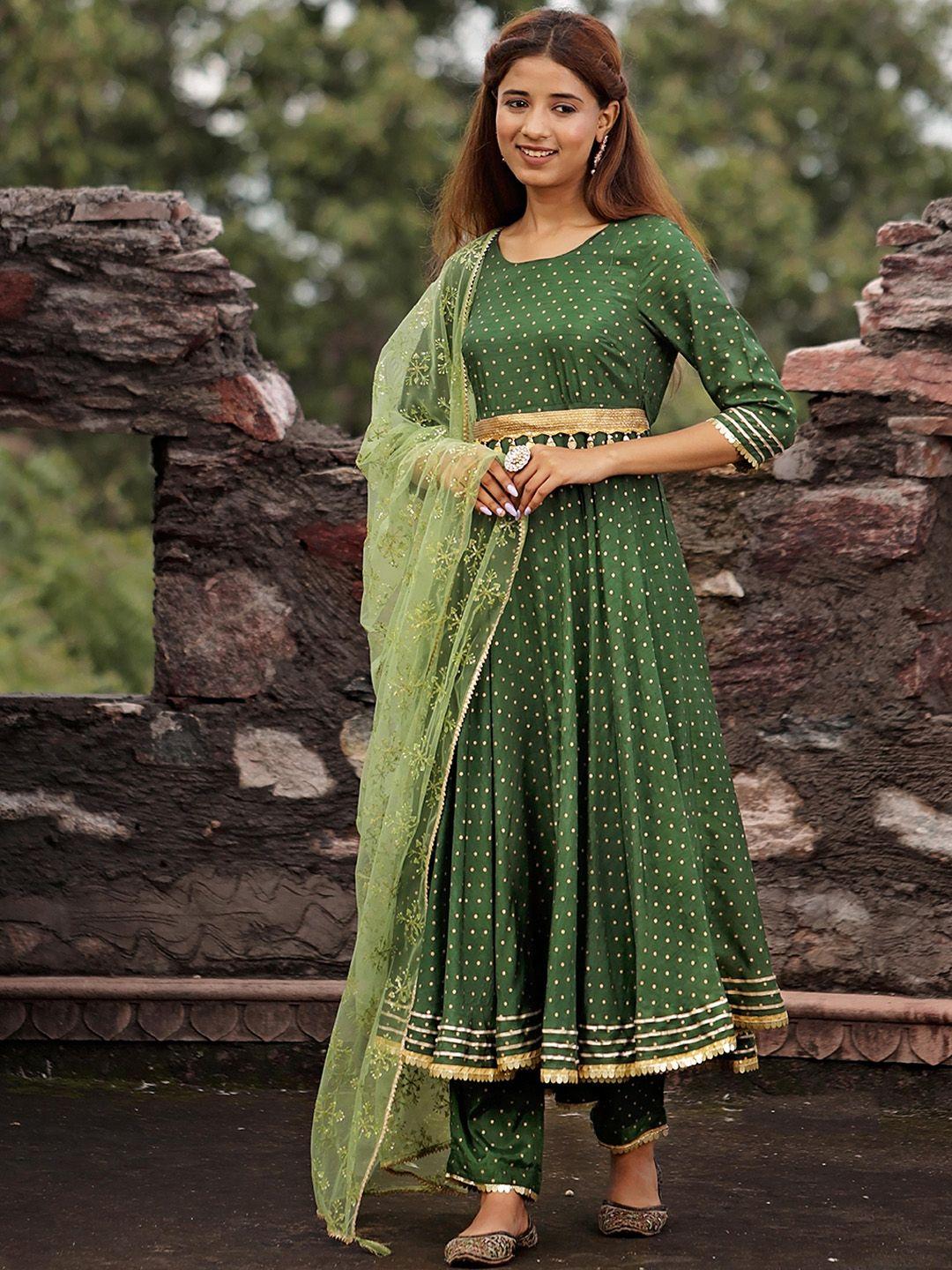 kasya polka dots printed gotta patti anarkali kurta & trousers with dupatta with belt