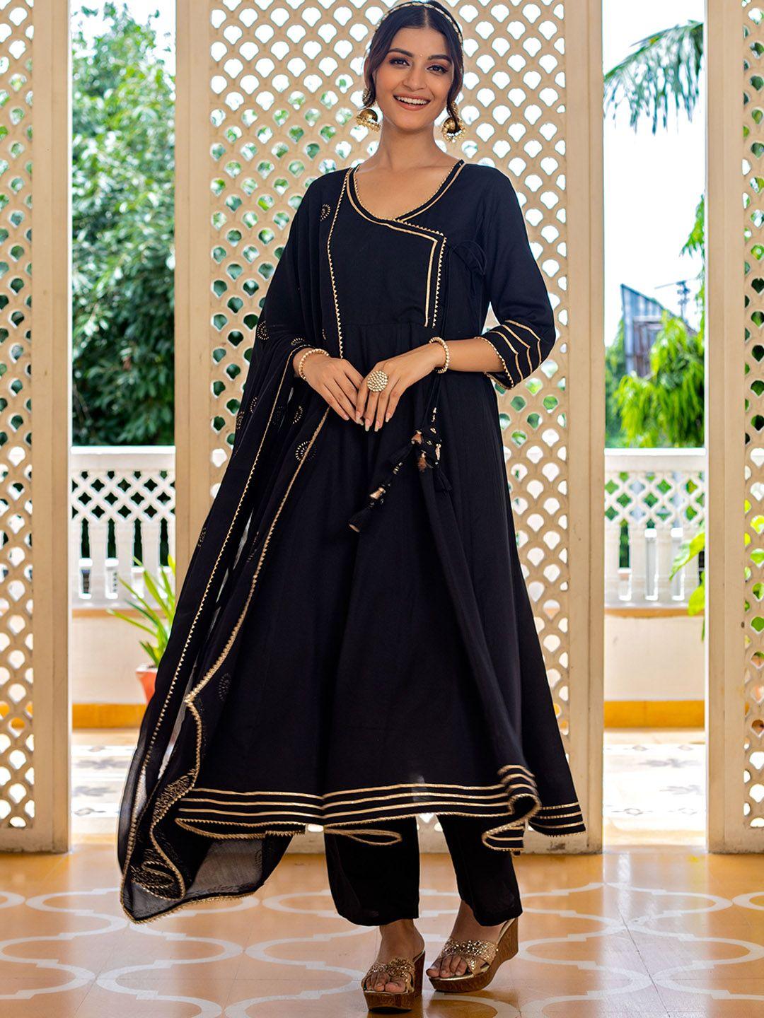 kasya women black angrakha gotta patti kurta with pyjamas & with dupatta