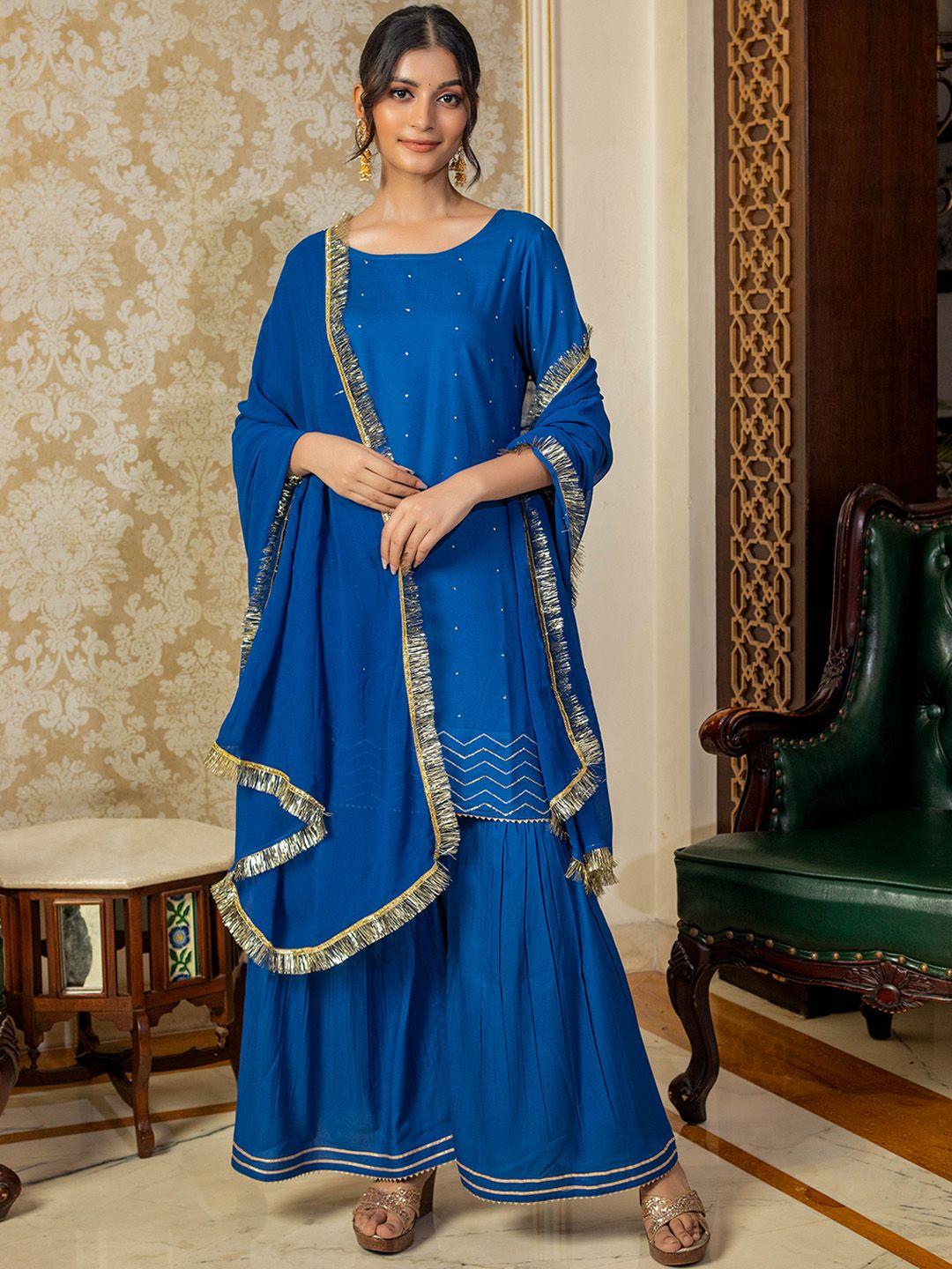 kasya women blue embroidered regular sequinned kurta with sharara & with dupatta