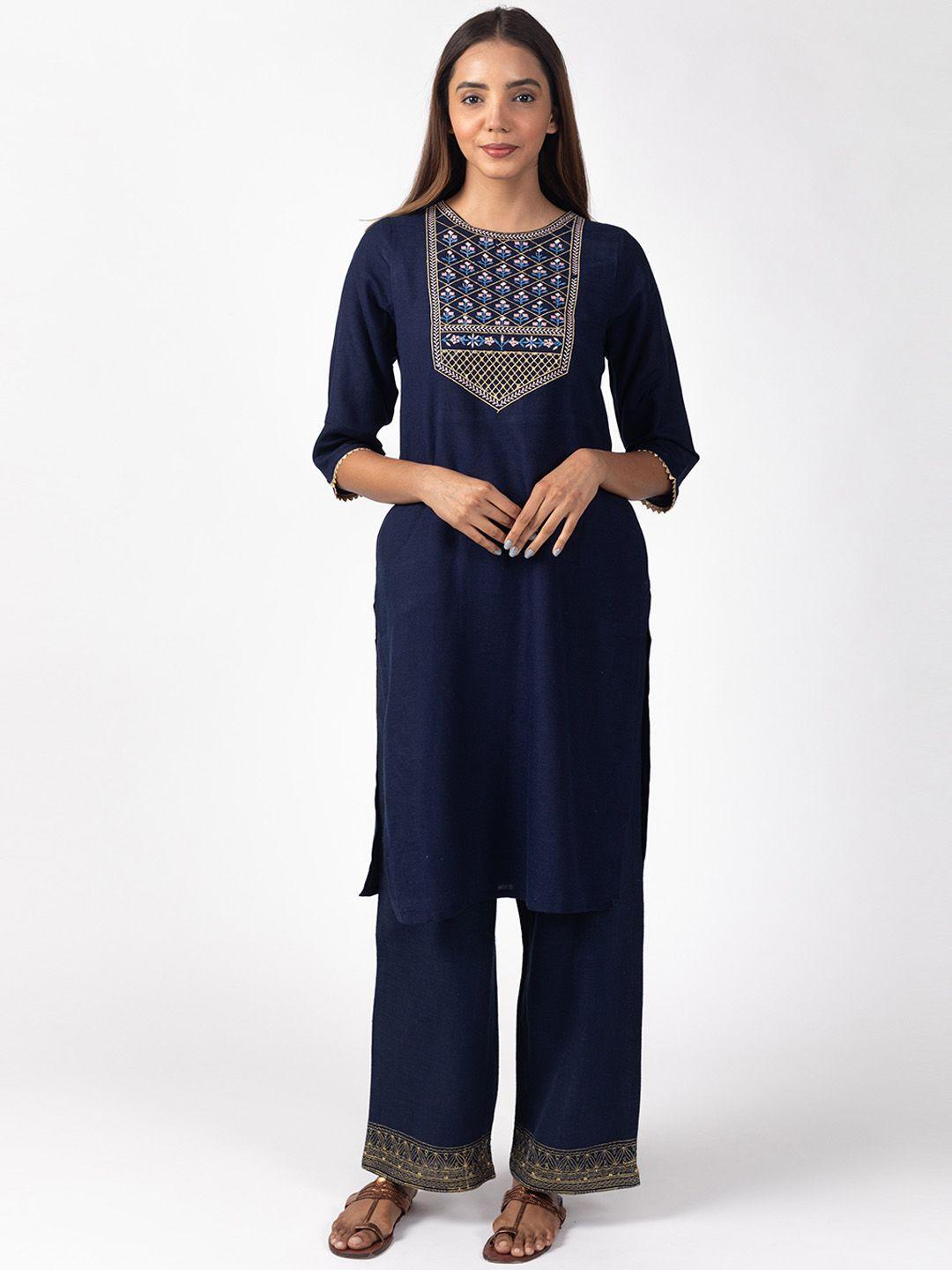 kasya women navy blue floral embroidered floral kurta