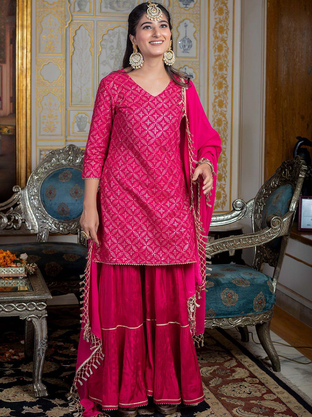 kasya women pink embroidered regular gotta patti kurta with sharara & with dupatta