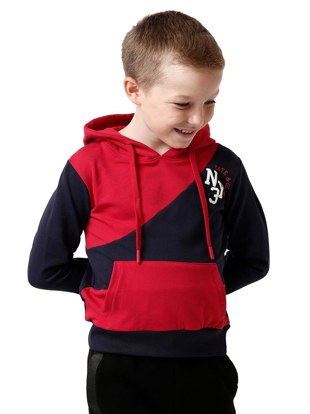 kate & oscar boys red & black colourblocked hooded cotton sweatshirt