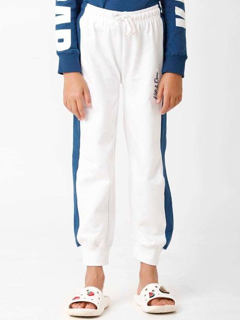 kate & oscar kids white & blue cotton embroidered trackpants