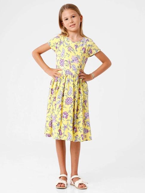 kate & oscar kids yellow & purple floral print dress