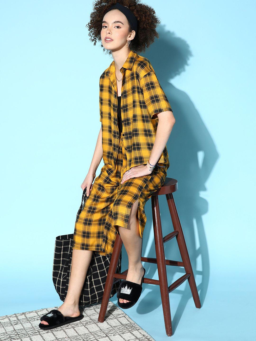 katn india women mustard & black checked night suit