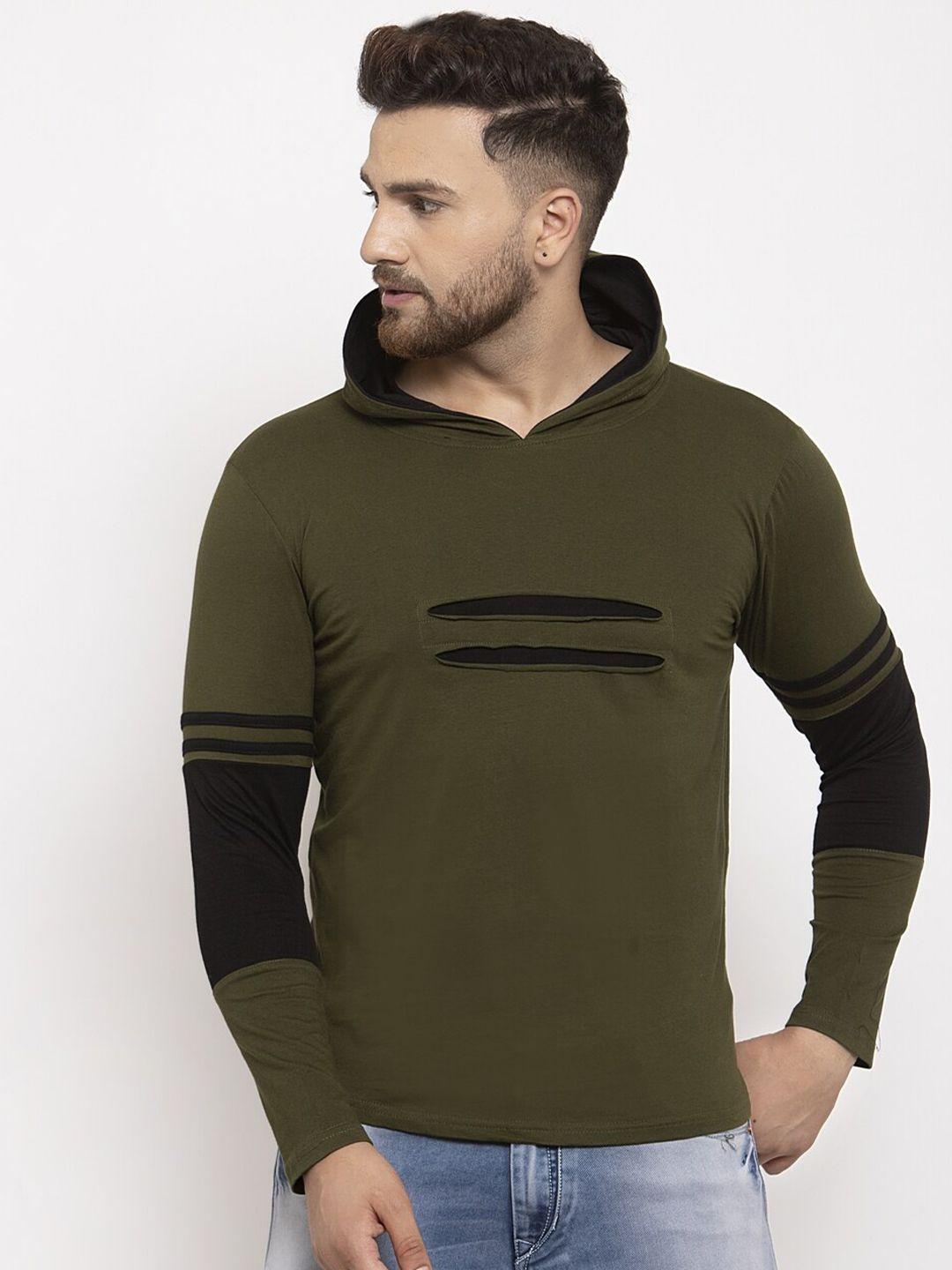 katso men olive green & black colourblocked polo collar slim fit t-shirt