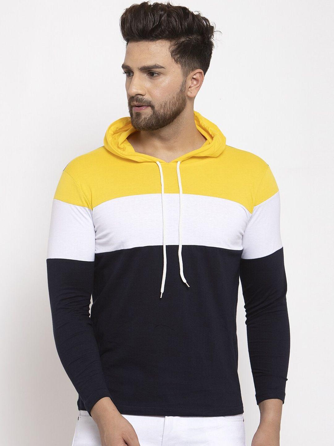 katso men yellow & navy blue colourblocked hooded slim fit t-shirt