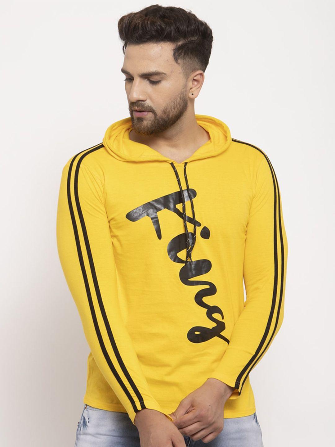 katso men yellow typography printed slim fit hooded t-shirt