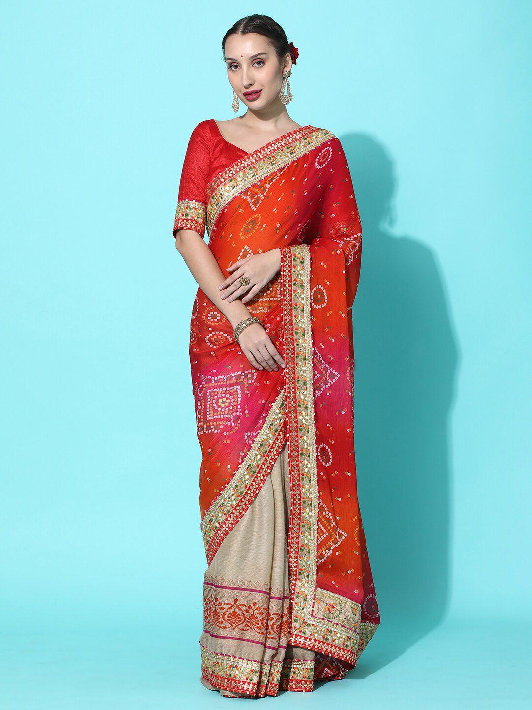 kavindi beige & red bandhani embroidered pure chiffon half and half bandhani saree