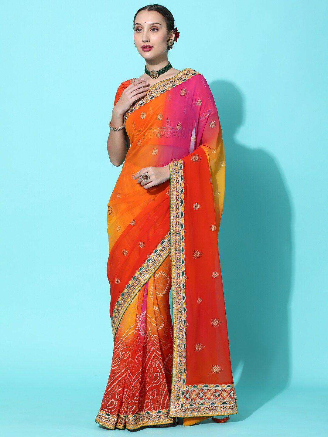 kavindi orange & pink ethnic motifs pure georgette bandhani saree