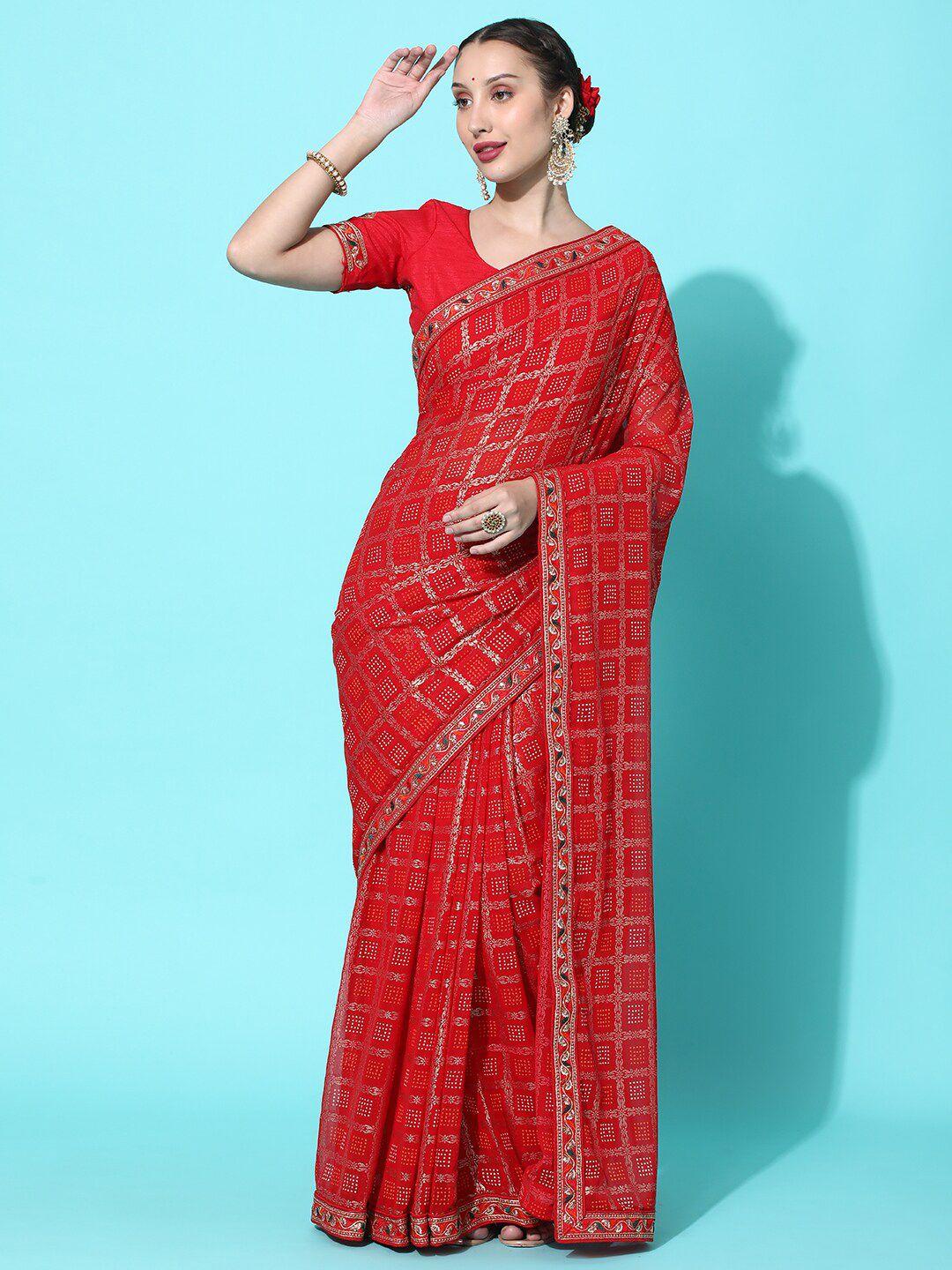kavindi red & gold-toned bandhani embroidered pure georgette bandhani saree