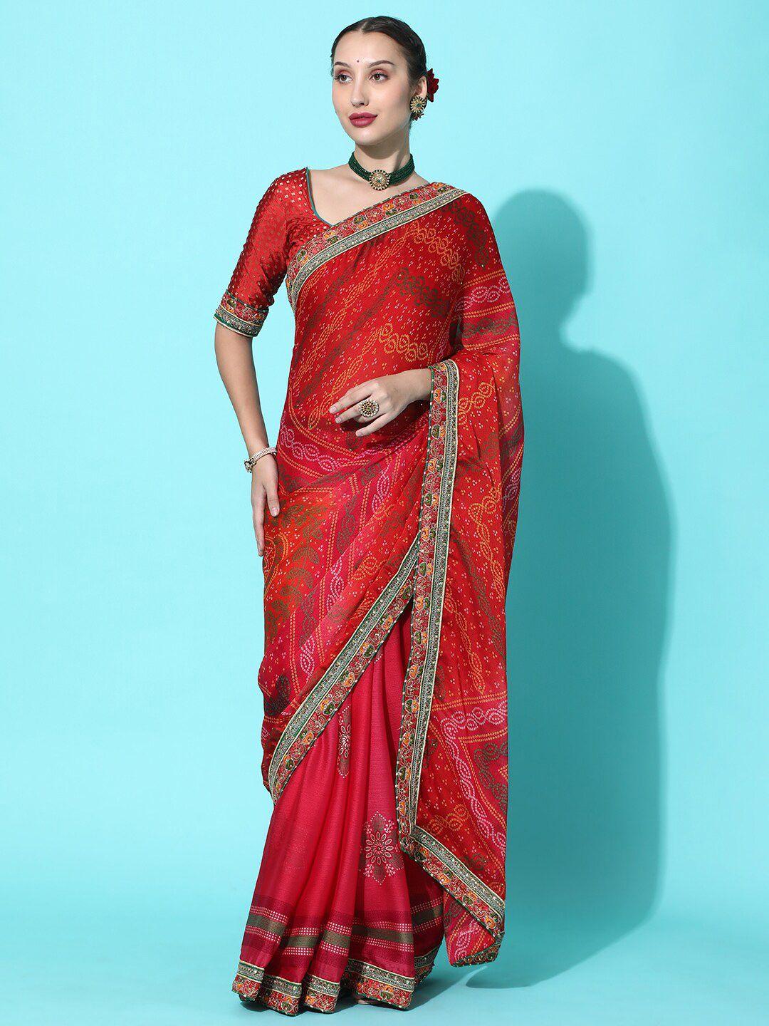 kavindi red & white bandhani embroidered pure chiffon half and half bandhani saree
