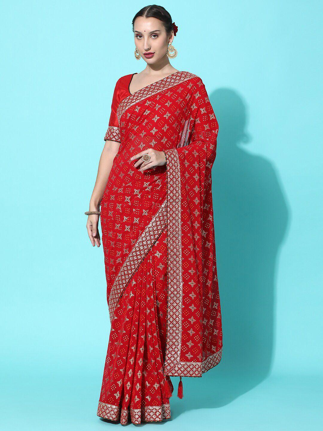 kavindi red & white bandhani embroidered pure georgette bandhani saree