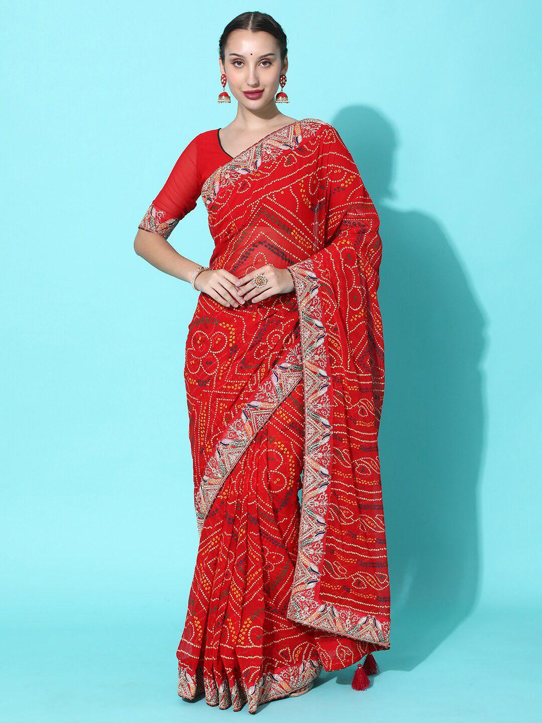 kavindi red & yellow bandhani embroidered pure georgette bandhani saree