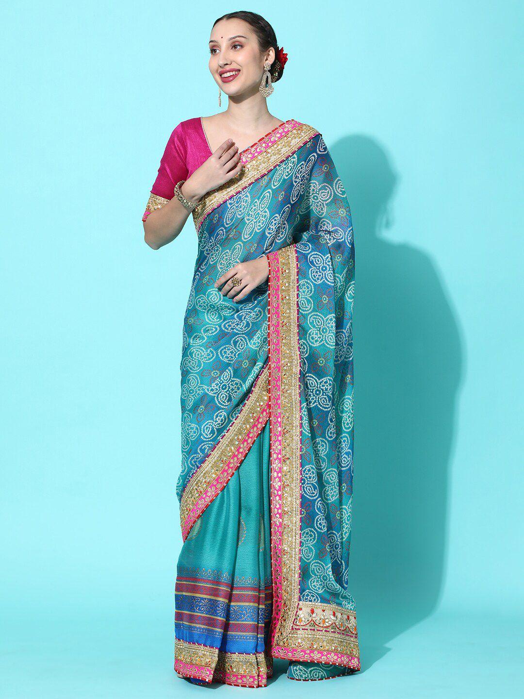 kavindi turquoise blue & white bandhani embroidered pure chiffon half and half bandhani saree